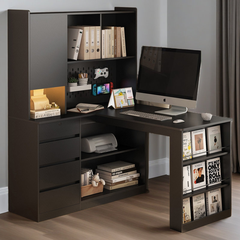 L Shaped Desk with Charger Computer Desk with Drawers Bookshelf Hutchwith LED Light Modern Corner Desk Home Office Desk L Shaped Study Table Writing